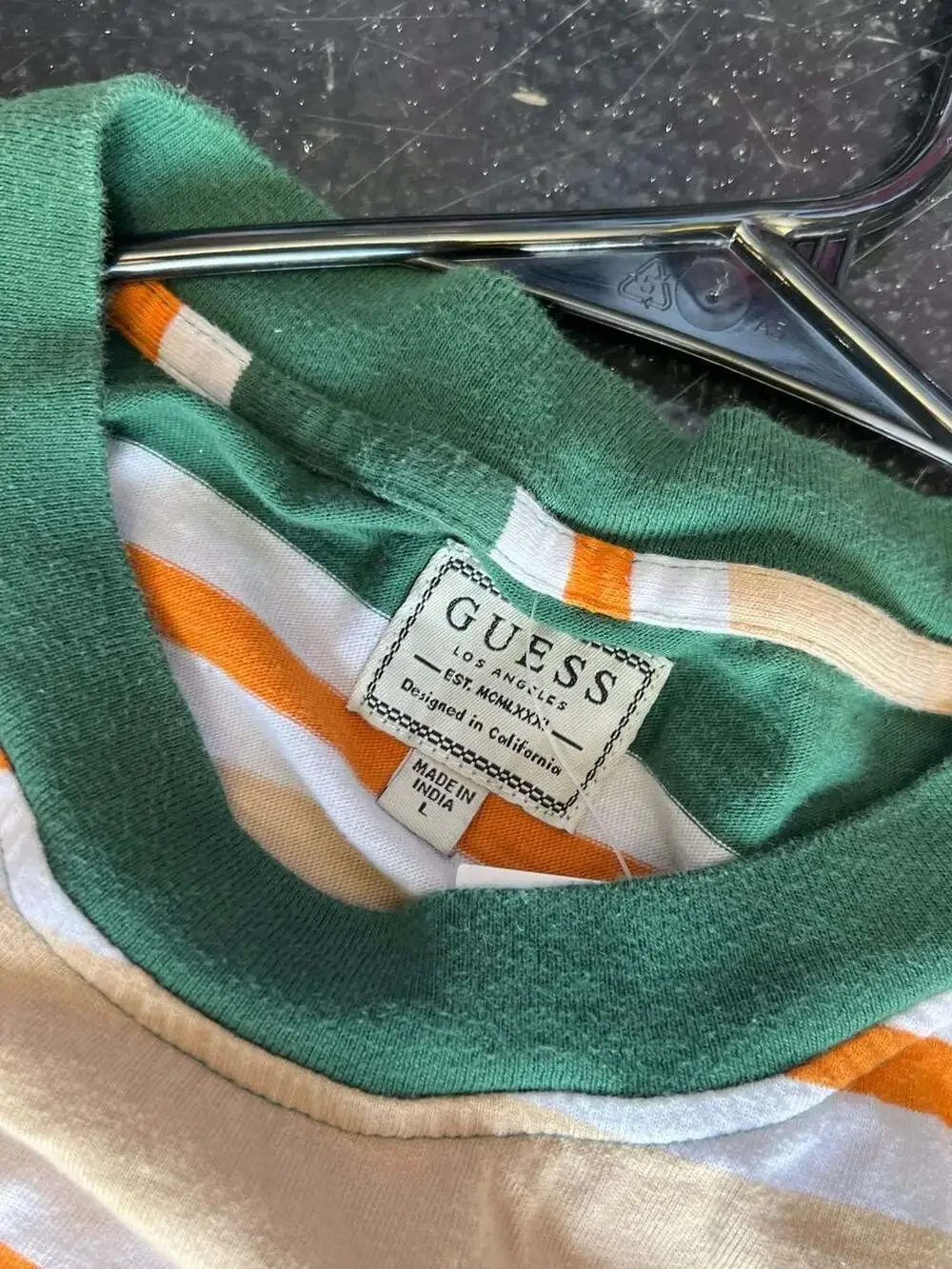 Guess Los Angeles Striped Embroidered Logo T-Shirt Green Orange Tan Size L - Picture 3 of 4